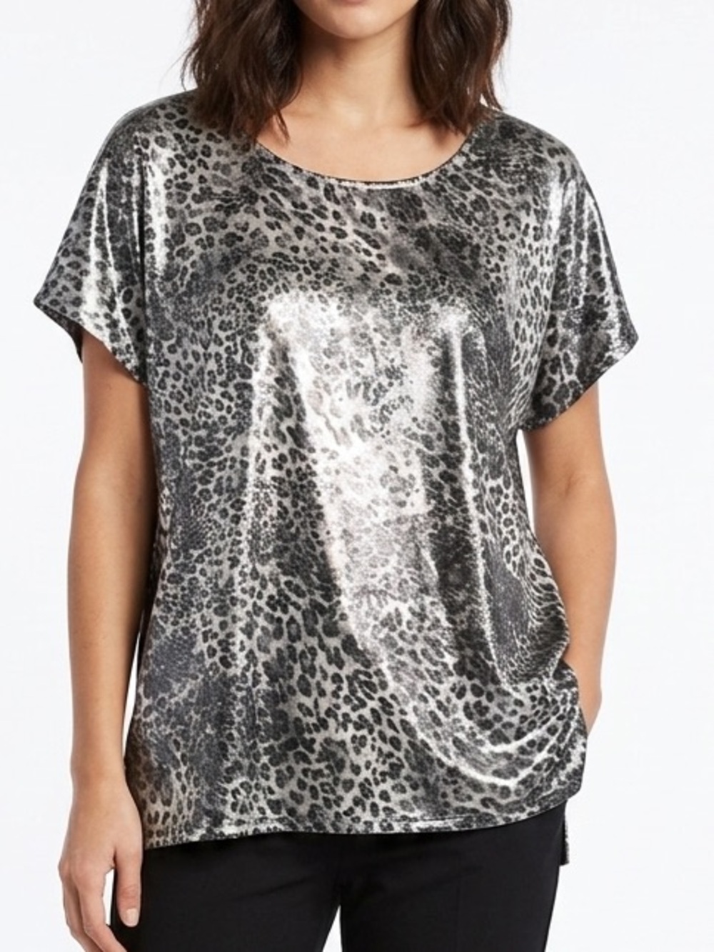 VAMP Metallic Leopard Print Cap Sleeve Oversized Top Blouse Silver Black Size XL